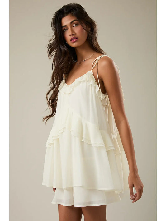 Ruffle Detail Shoulder Tie Flare Romper