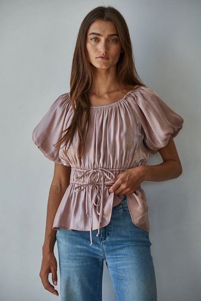 Woven Balloon Short Sleeve Peplum Top