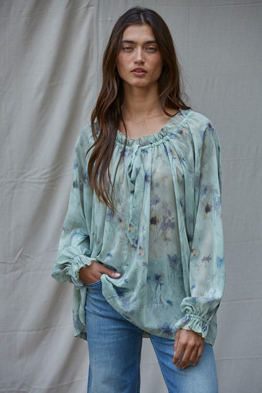 Woven Polyester Chiffon Floral Print See Through Top