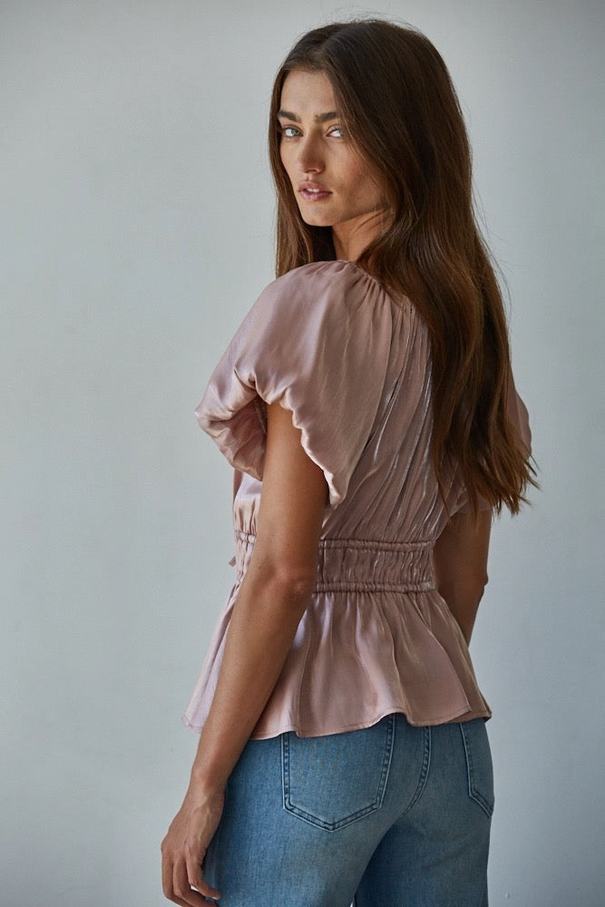 Woven Balloon Short Sleeve Peplum Top