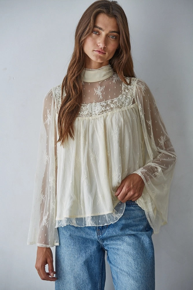 Woven Nylon Lace Mock Neck Long Bell Sleeve Blouse