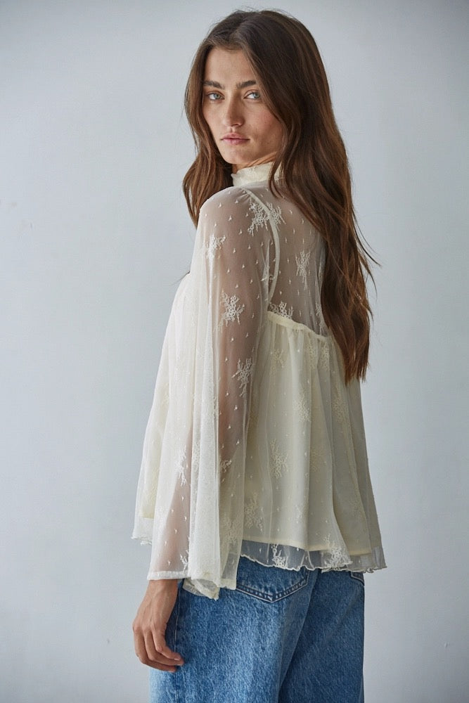 Woven Nylon Lace Mock Neck Long Bell Sleeve Blouse