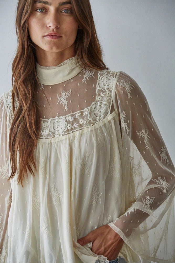 Woven Nylon Lace Mock Neck Long Bell Sleeve Blouse