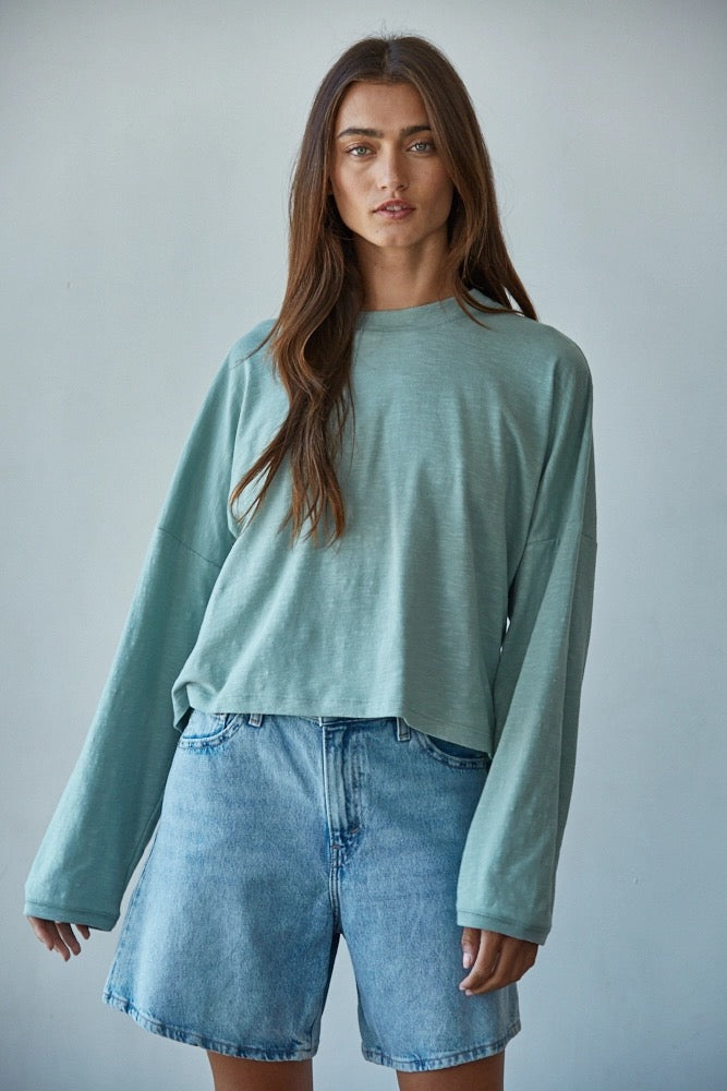 Knit Cotton Mock Neck Long Wide Sleeve Top