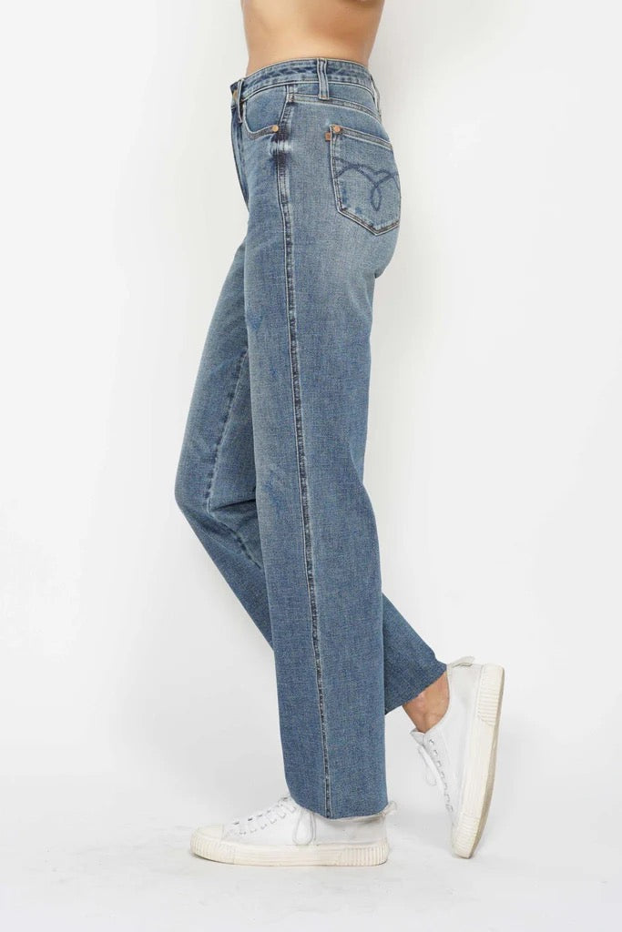 Judy Blue HW Tummy Control Raw Hem Straight Leg