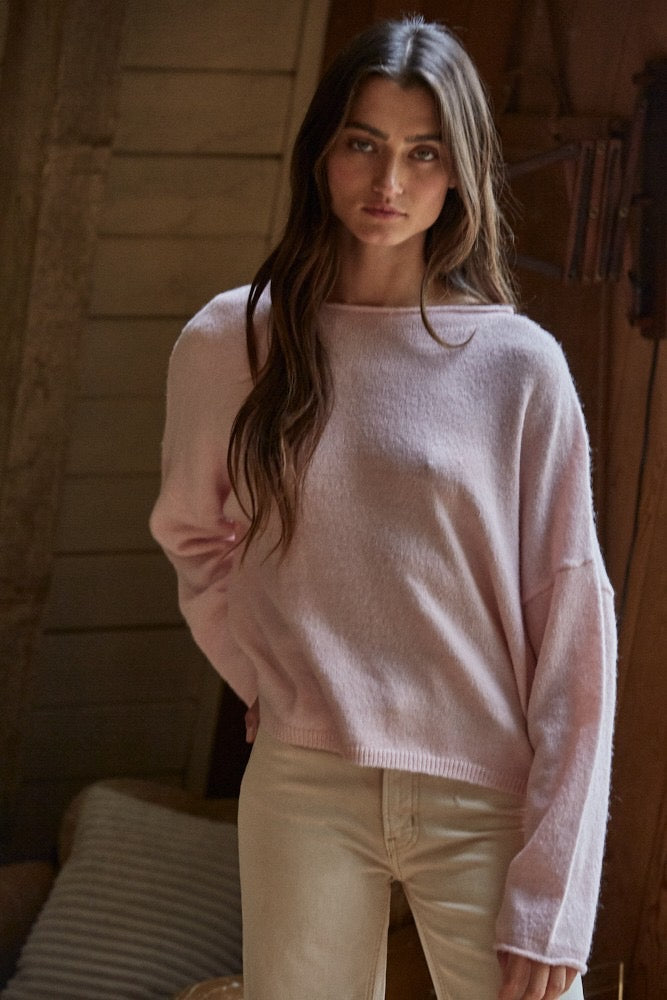 Knit Sweater Rolled Round Neck Pullover Top