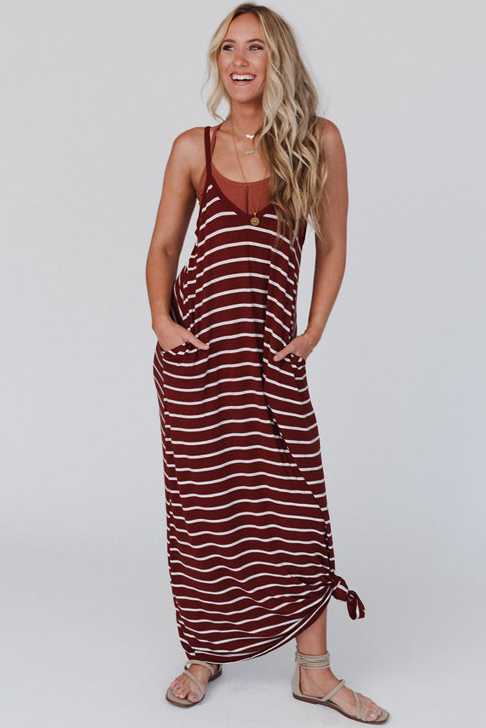 Red Stripe Print Side Pockets Spaghetti Straps Maxi Dress