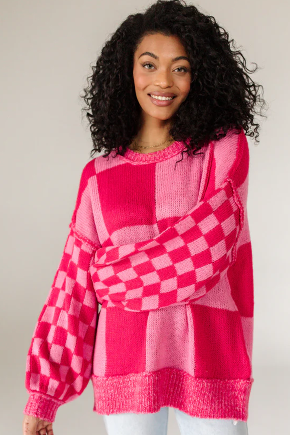 Rose Red Checkered Drop Sleeve Knit Sweater