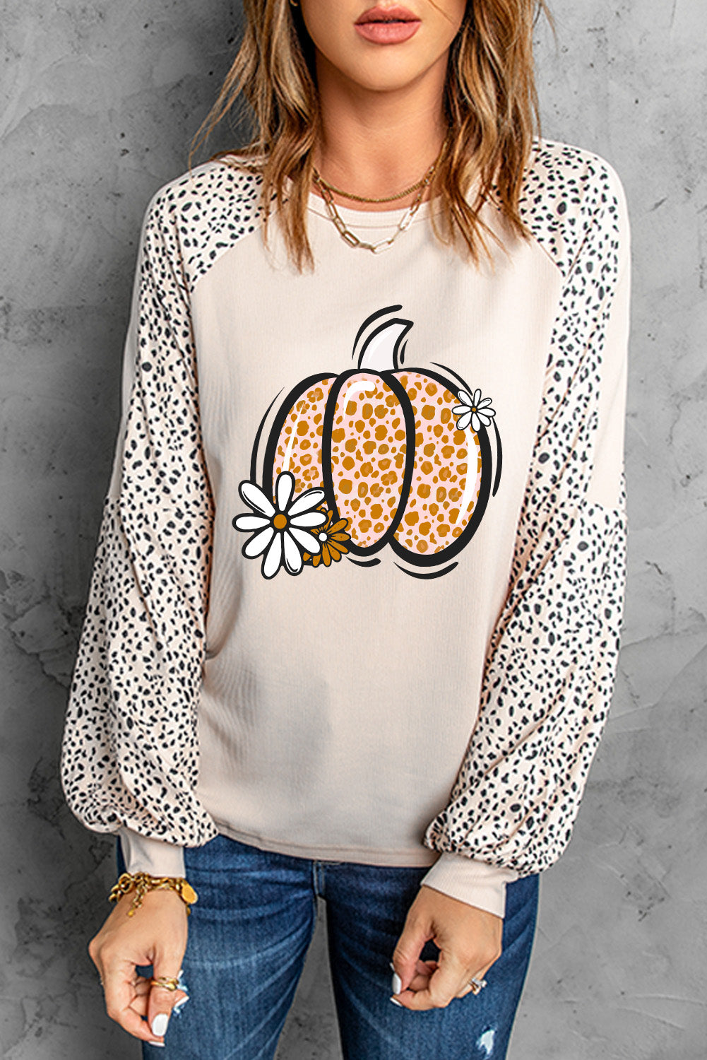 Khaki Leopard Floral Pumpkin Graphic Raglan Sleeve Sweatshirt