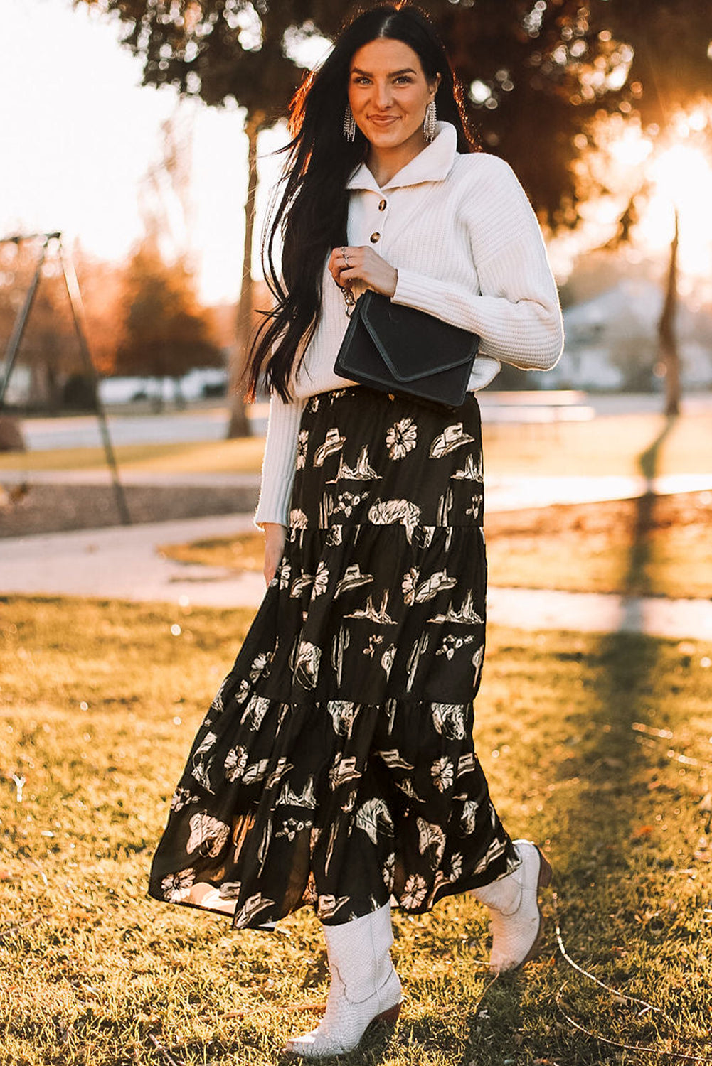 Black Elastic Waist Tiered Maxi Skirt