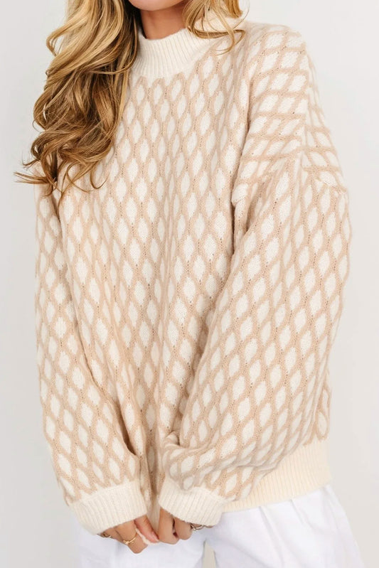 Oatmeal Rhombus Textured Knit Drop Sleeve Sweater