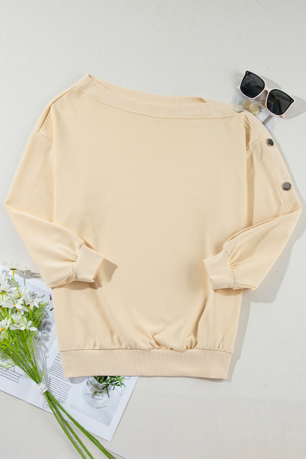 Beige Buttoned Sleeve Asymmetric Neck Oversized Sweatshirt