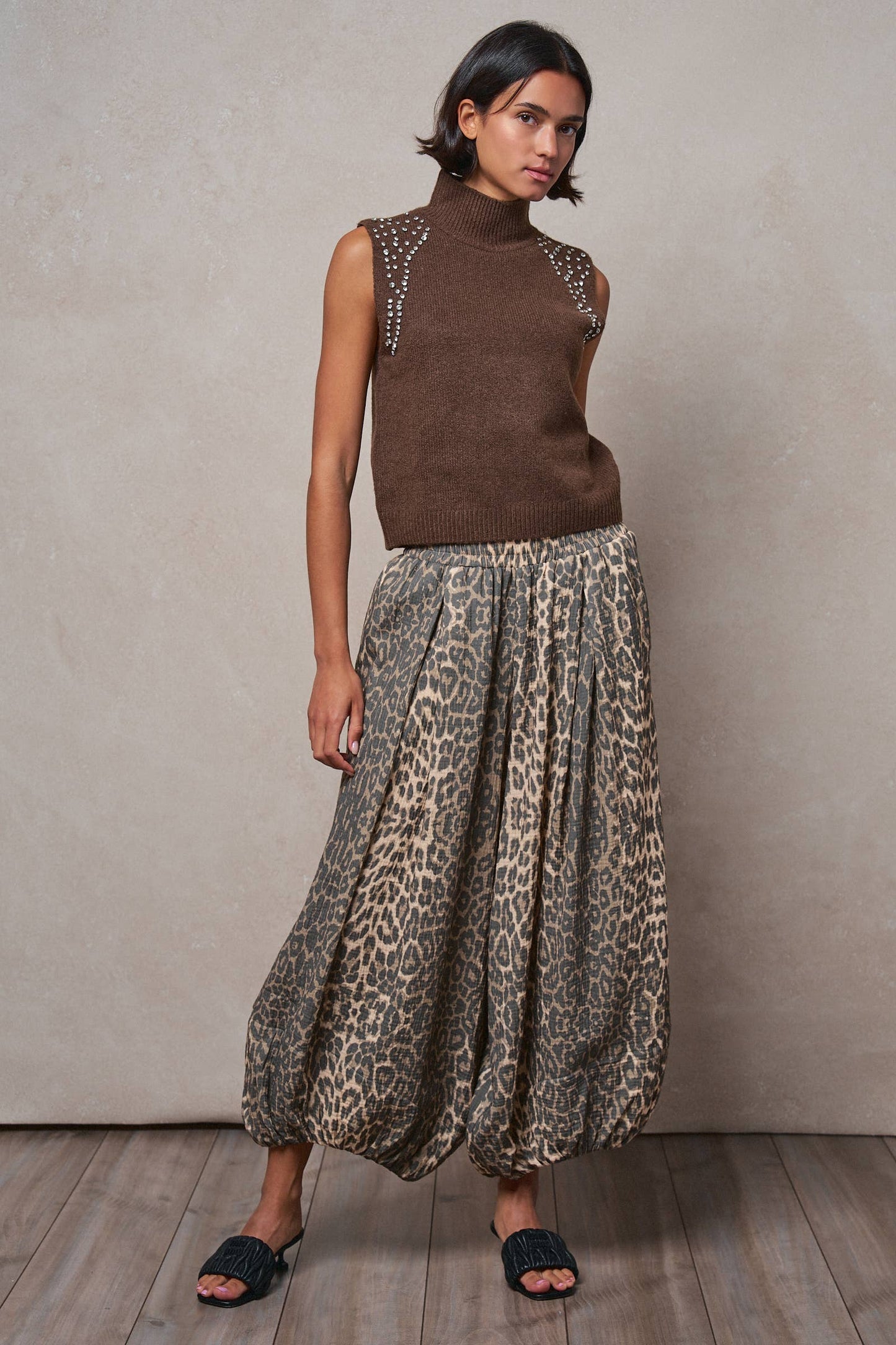 Crystal Embellished Sleeveless Mock Neck Knit Top