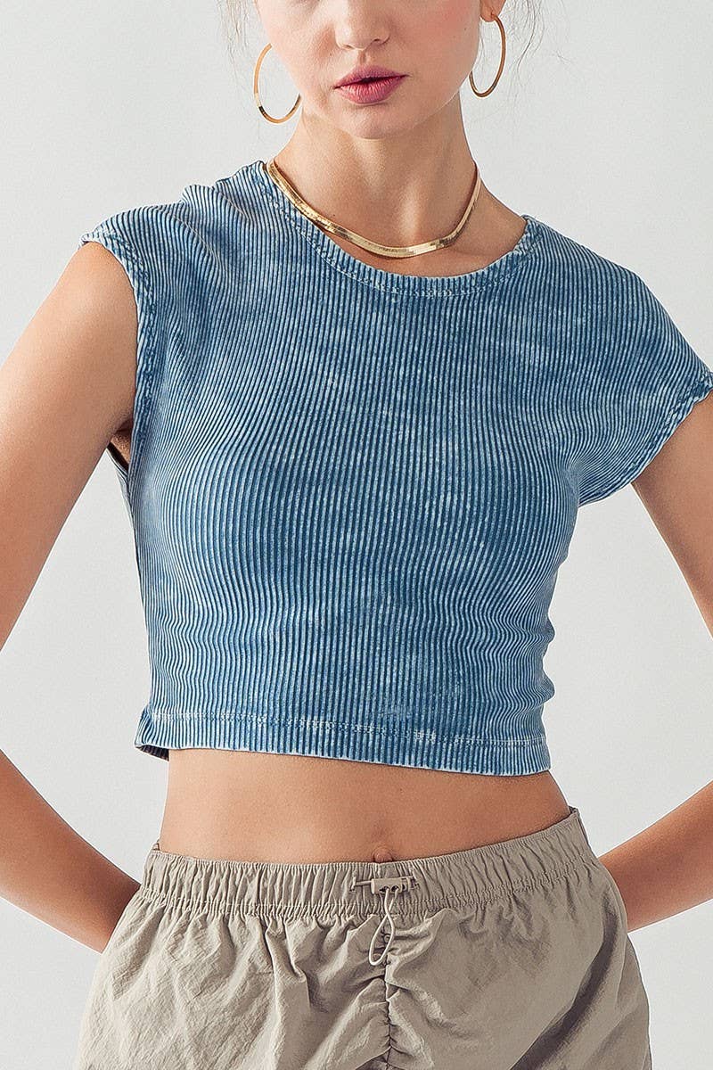 Ribbed Knit Crop Short Sleeve Fitted Casual Spring Top