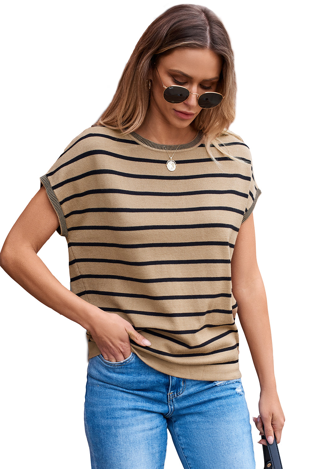 Khaki Stripe Knitted Dolman T Shirt