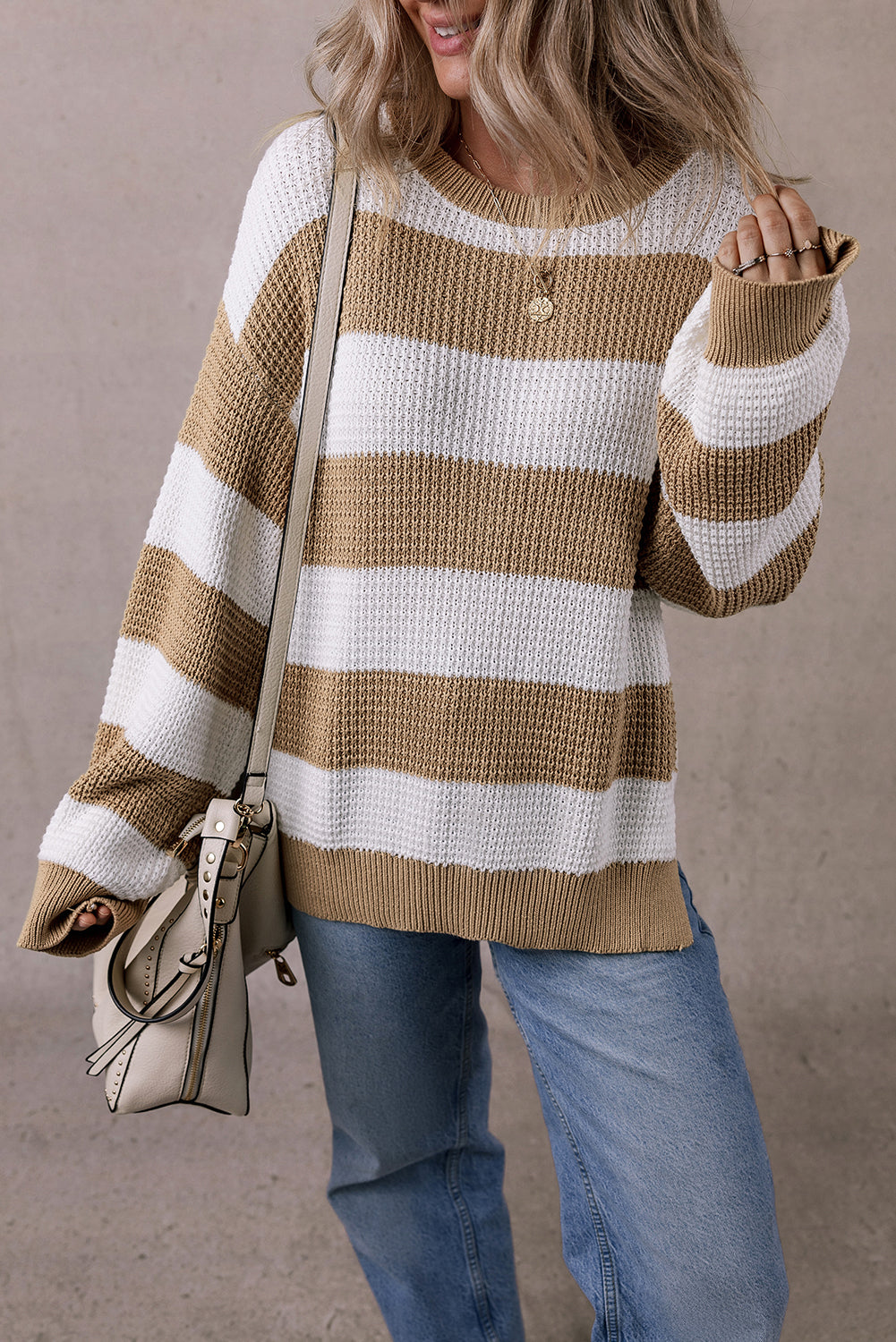 Light French Beige Striped Drop Shoulder Side Slit Sweater