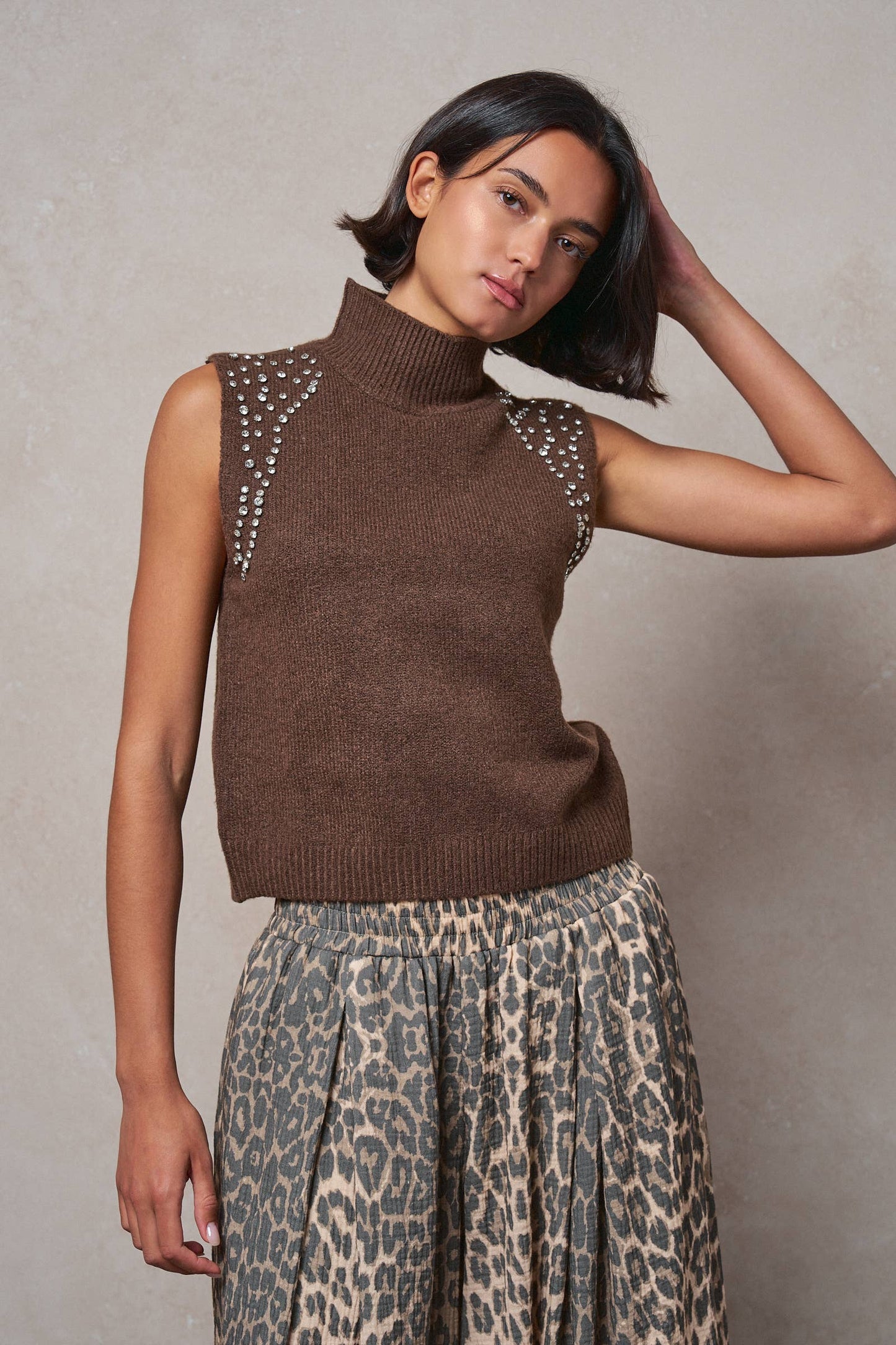 Crystal Embellished Sleeveless Mock Neck Knit Top