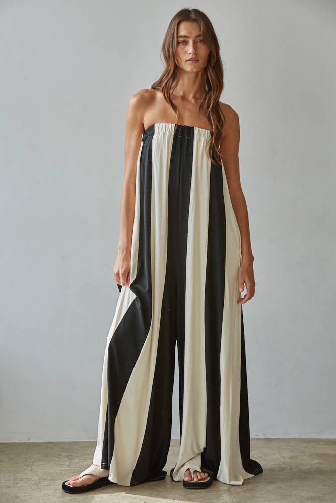 Knit Viscose Spandex Striped Tube Wide Leg Jumpsuit