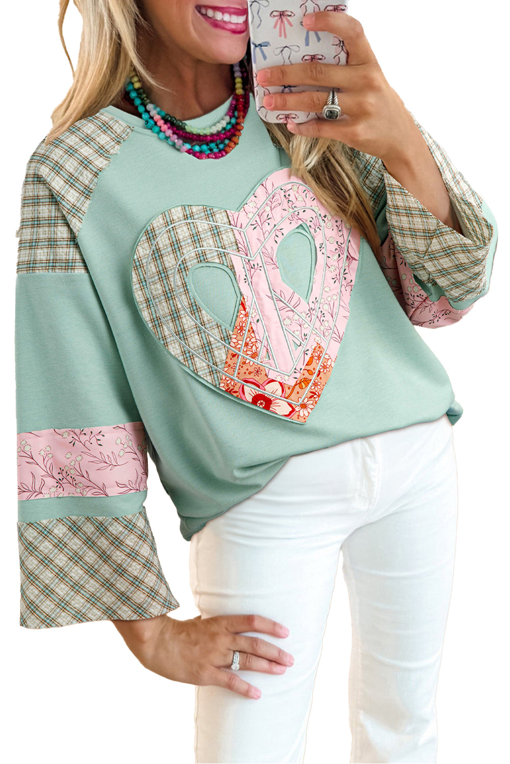 Beige Plaid Floral Patchwork Heart Long Sleeve Top