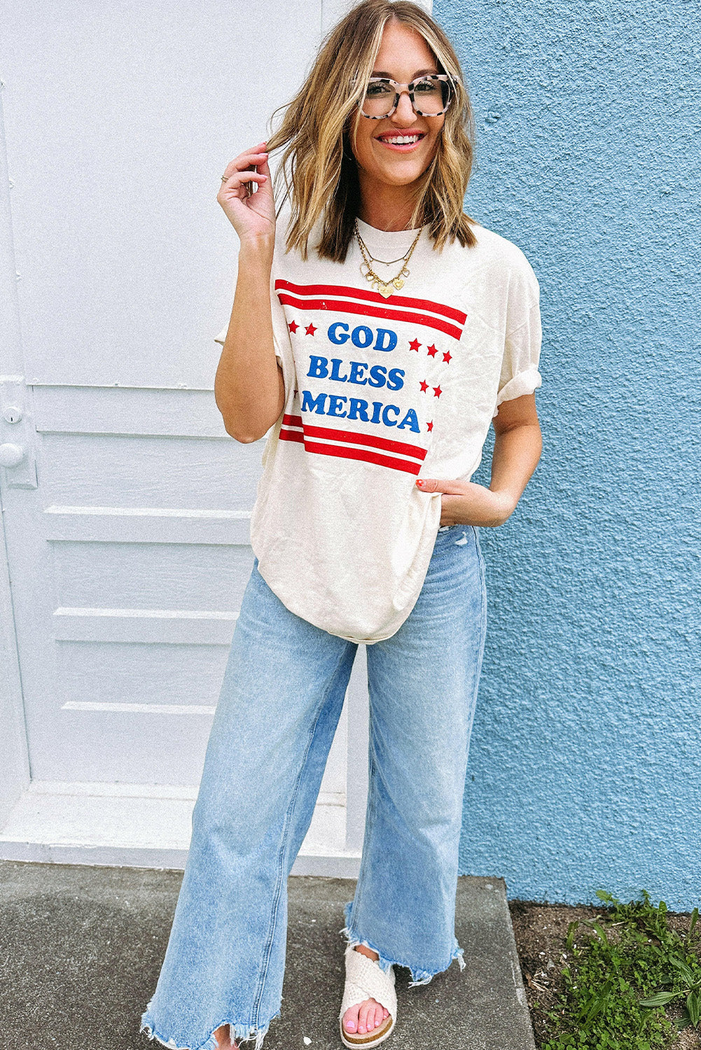 White GOD BLESS AMERICA Star and Stripe Graphic Tee