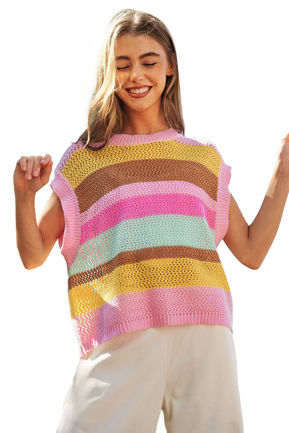 Pink Stripe Hollowed Crochet Cap Sleeve Loose Fit Knit T Shirt