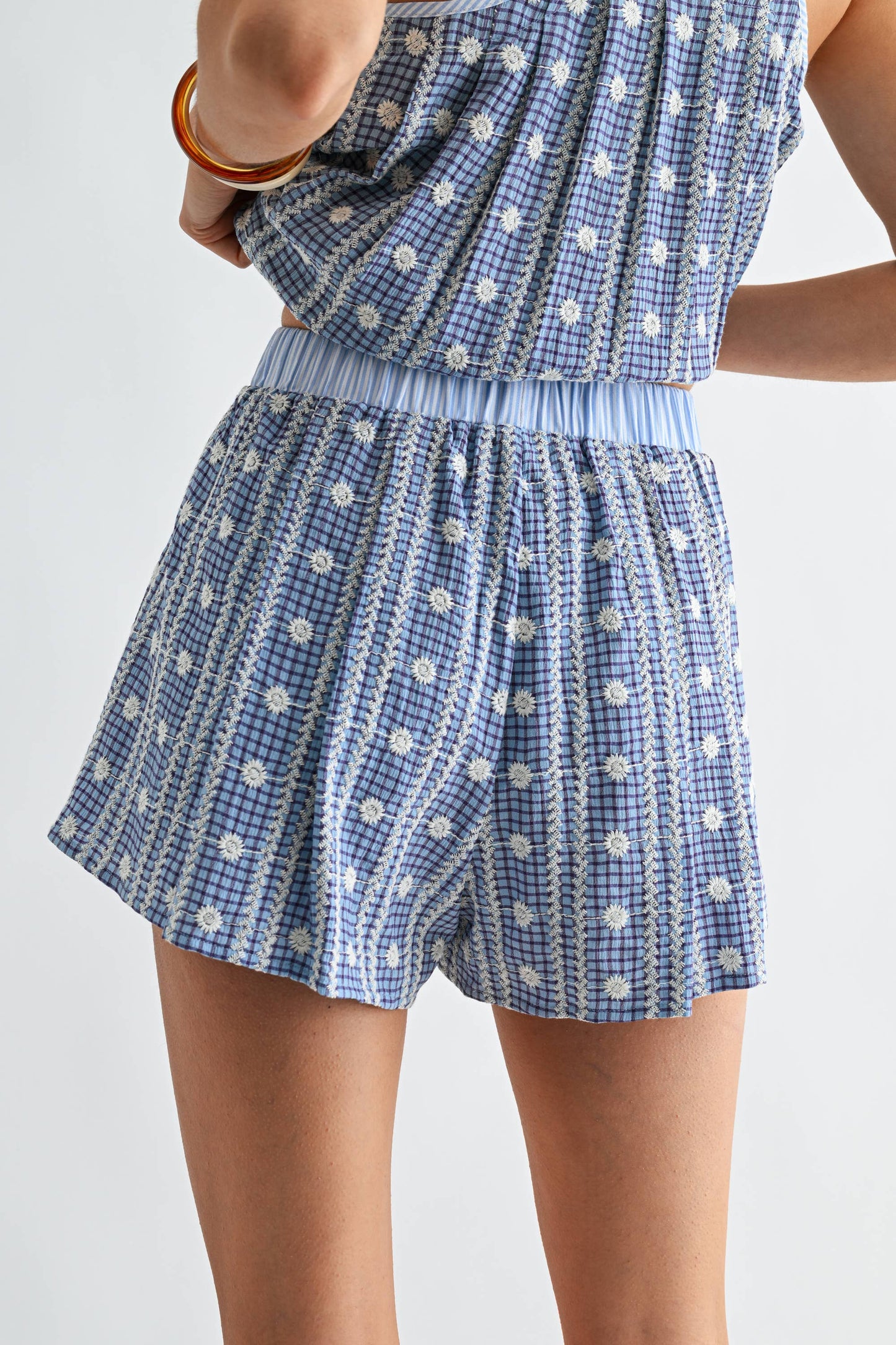 Embroidered Blue Checkered Shorts Set
