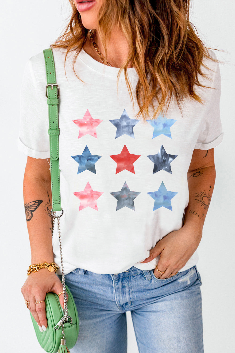 White Stars Graphic Crew Neck Roll Up Sleeve T Shirt