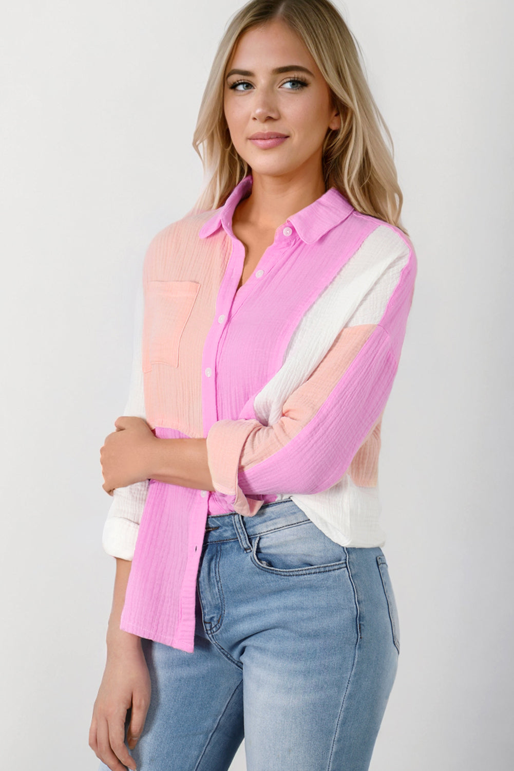 Rose Color Block Buttoned Raw Hem Textured Shirt