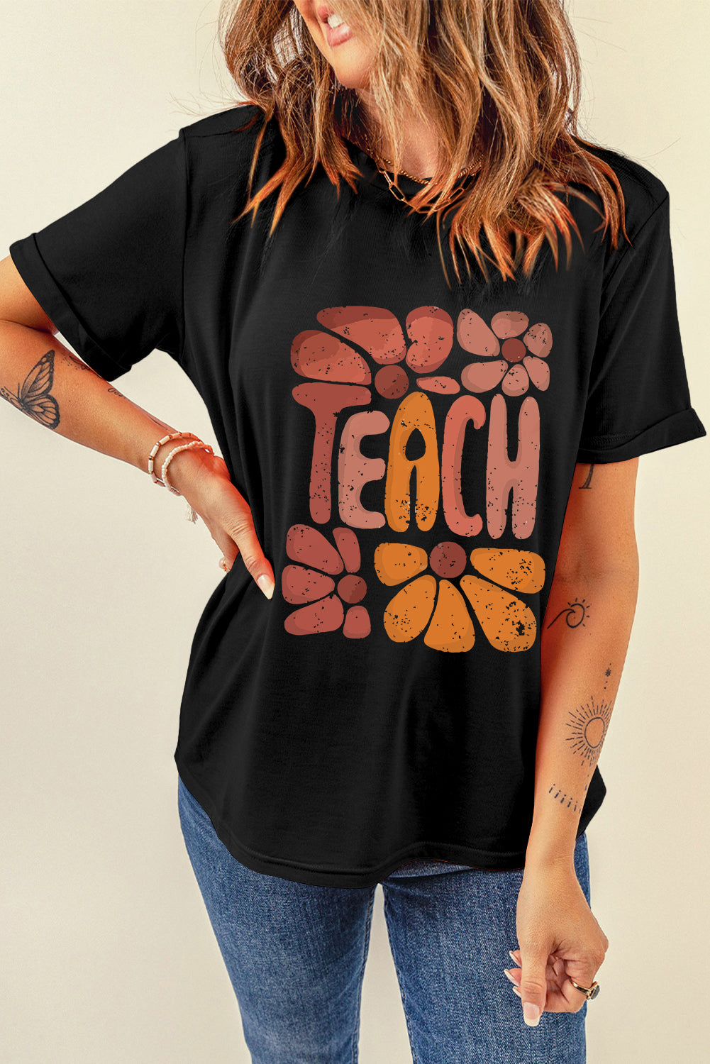 Black TEACH Crew Neck Casual T Shirt