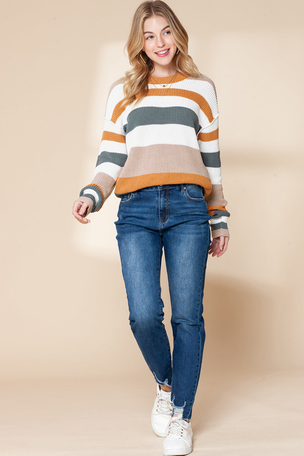 Camel Ribbed Round Neck Color Block Knitted Sweater