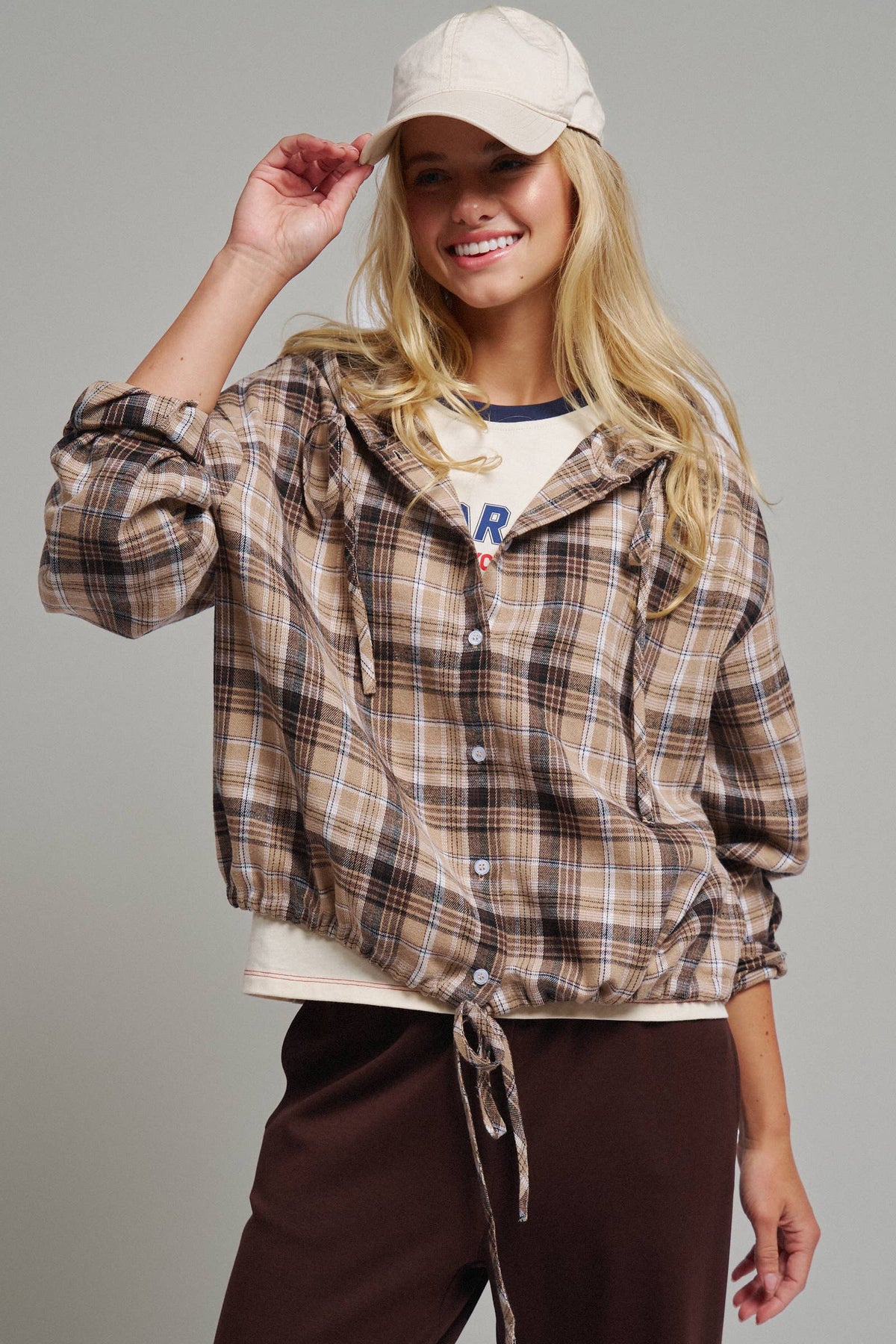 Plaid Flannel Hooded Shacket with Drawstring Hem
