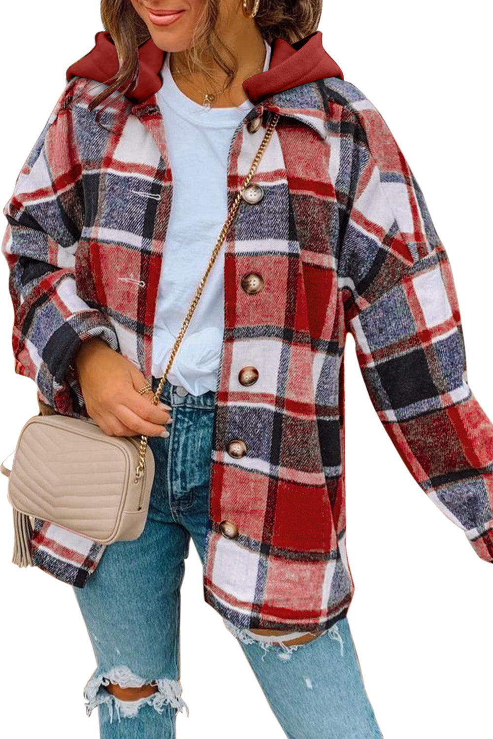 Red Plaid Button Front Hooded Shacket