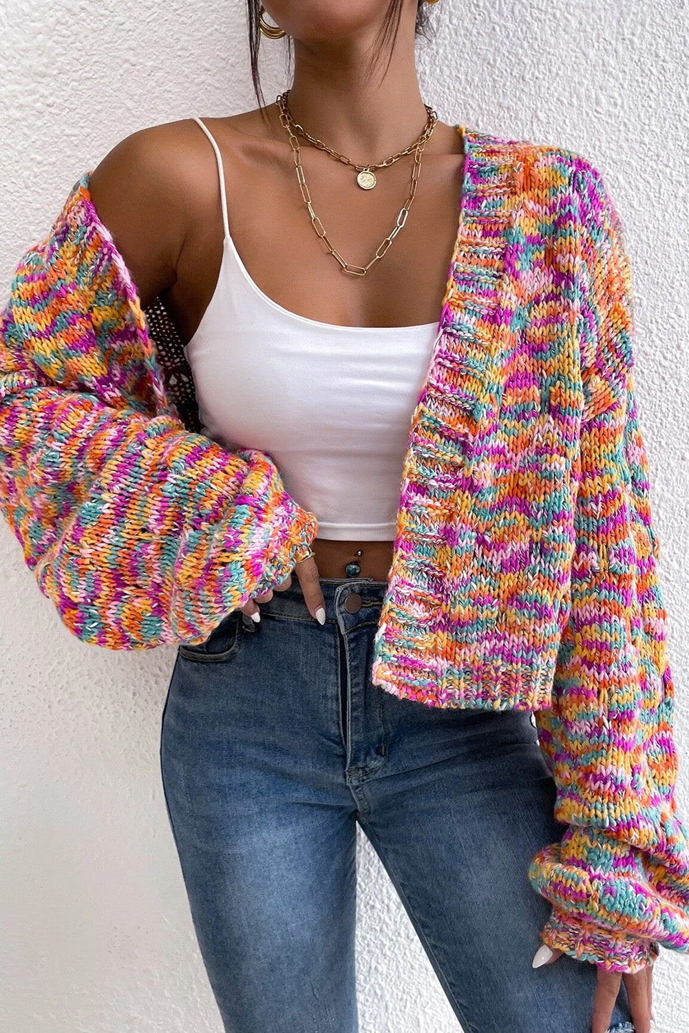 Pink Colorful Drop Shoulder Cropped Cardigan