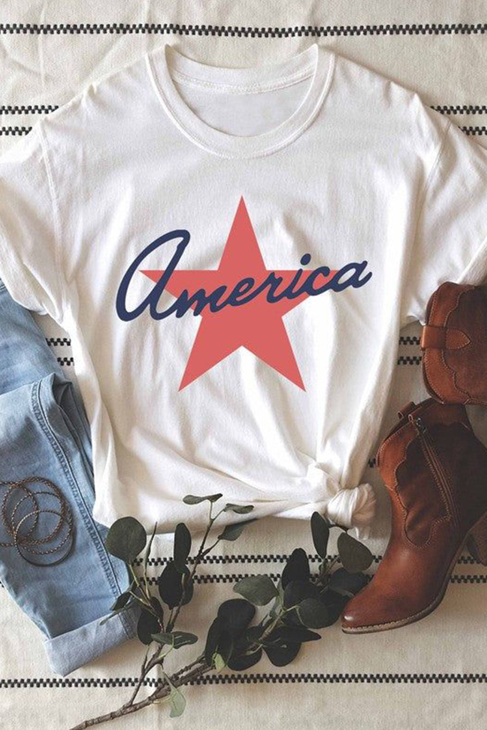 White America Star Shape Graphic O Neck Loose Fit T Shirt