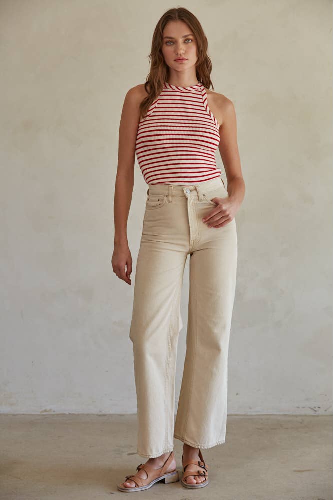Knit Ribbed Striped Round Neck Sleeveless Tank Top
