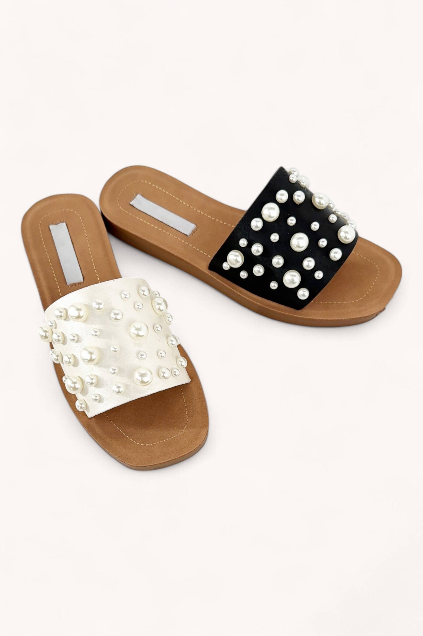 PEARL BEADS EMBELLISHED SLIP-ON SANDALS