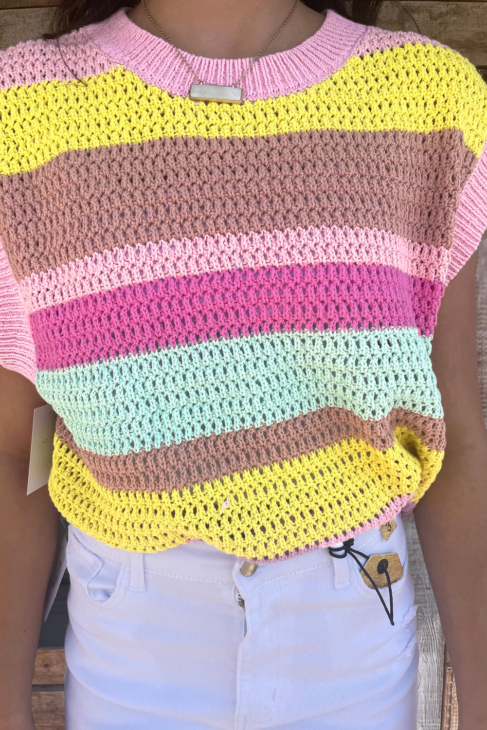 Pink Stripe Hollowed Crochet Cap Sleeve Loose Fit Knit T Shirt