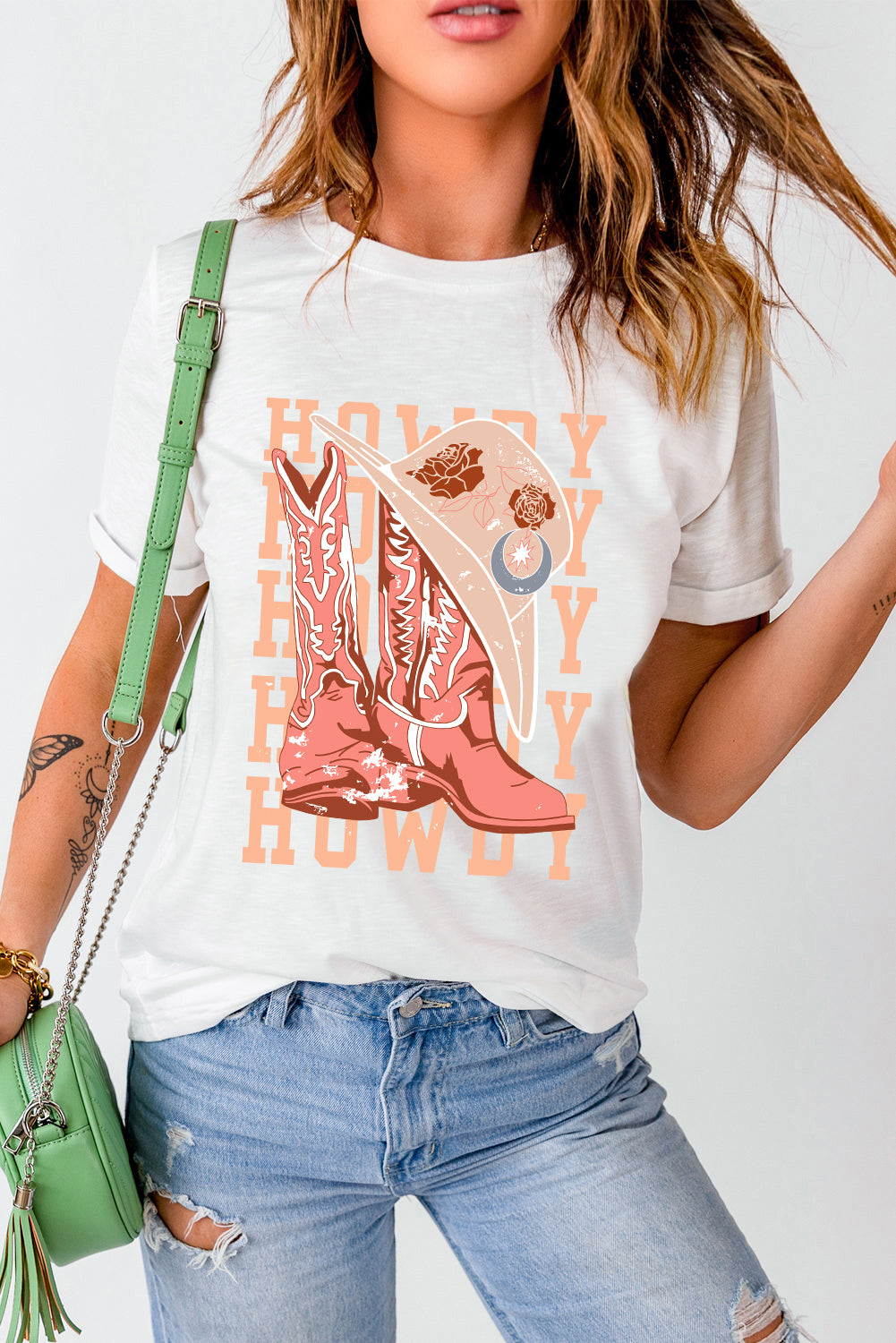 White HOWDY Boots Floral Graphic Crew Neck T Shirt