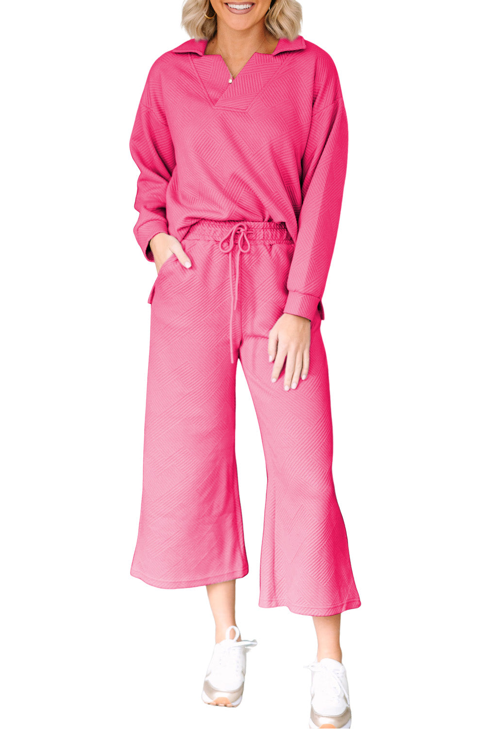 Bonbon Solid Textured Collared V Neck Top and Wide Leg Pants Set