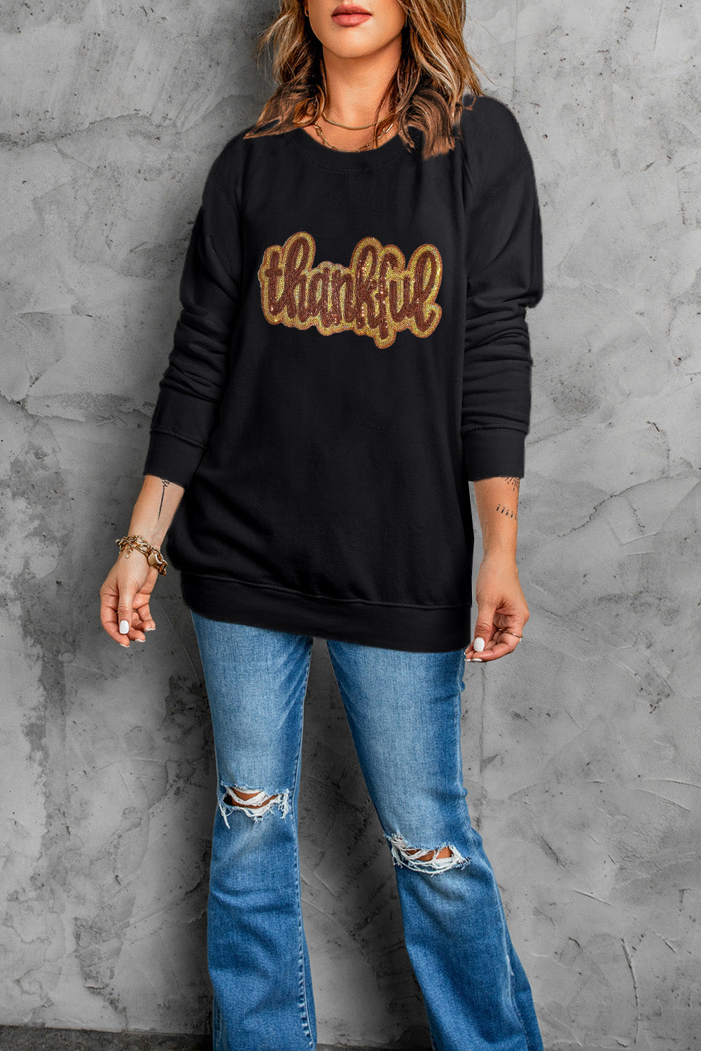 Black thankful Print Sequin Graphic Sweatshirt