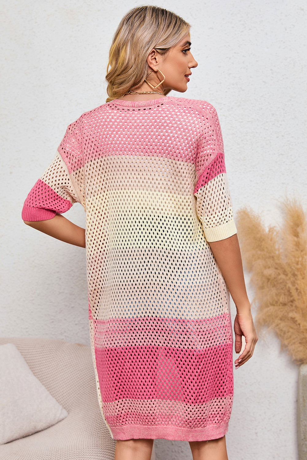 Pink Ribbed Ombre Eyelet Knitted Short Sleeve Cardigan