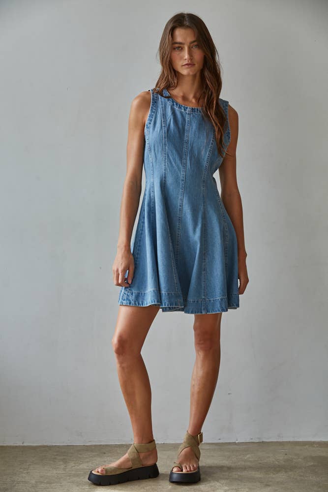 Denim Cotton Lyocell Round Neck Sleeveless Mini