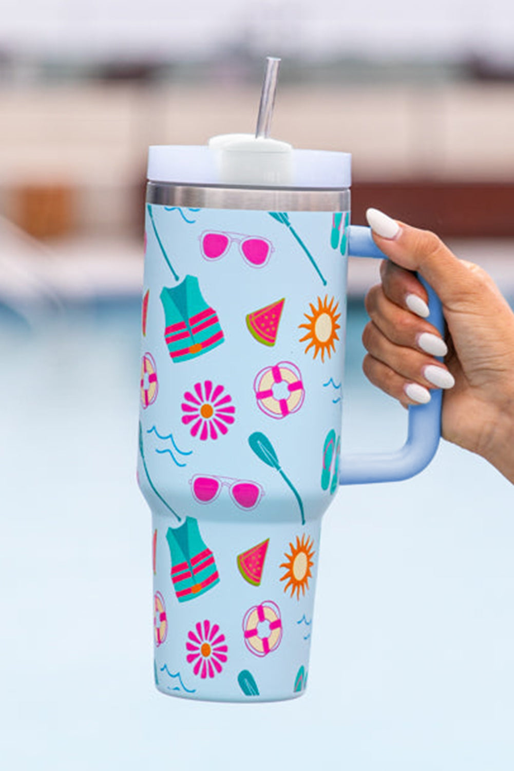 Light Blue Beach Fun Pattern Cup with Handle 40oz