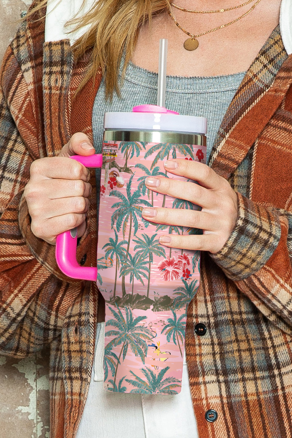 Rose Red Tropical Trees Print Stainless Steel Tumbler 40oz