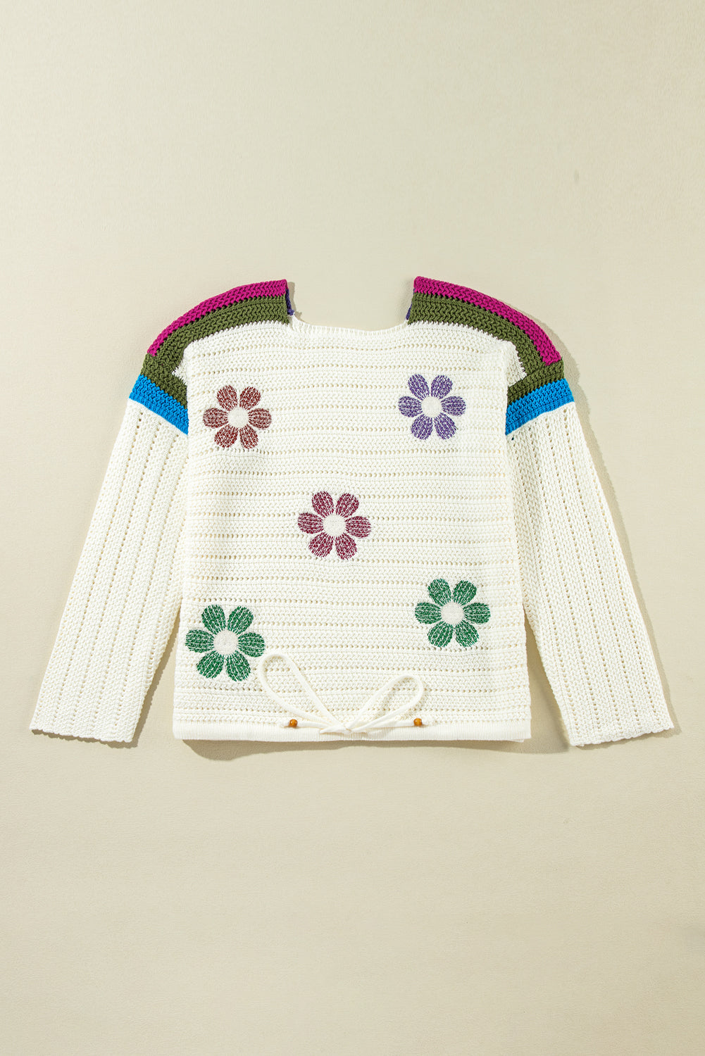 White Striped Shoulder 60s Floral Pointelle Knit Sweater