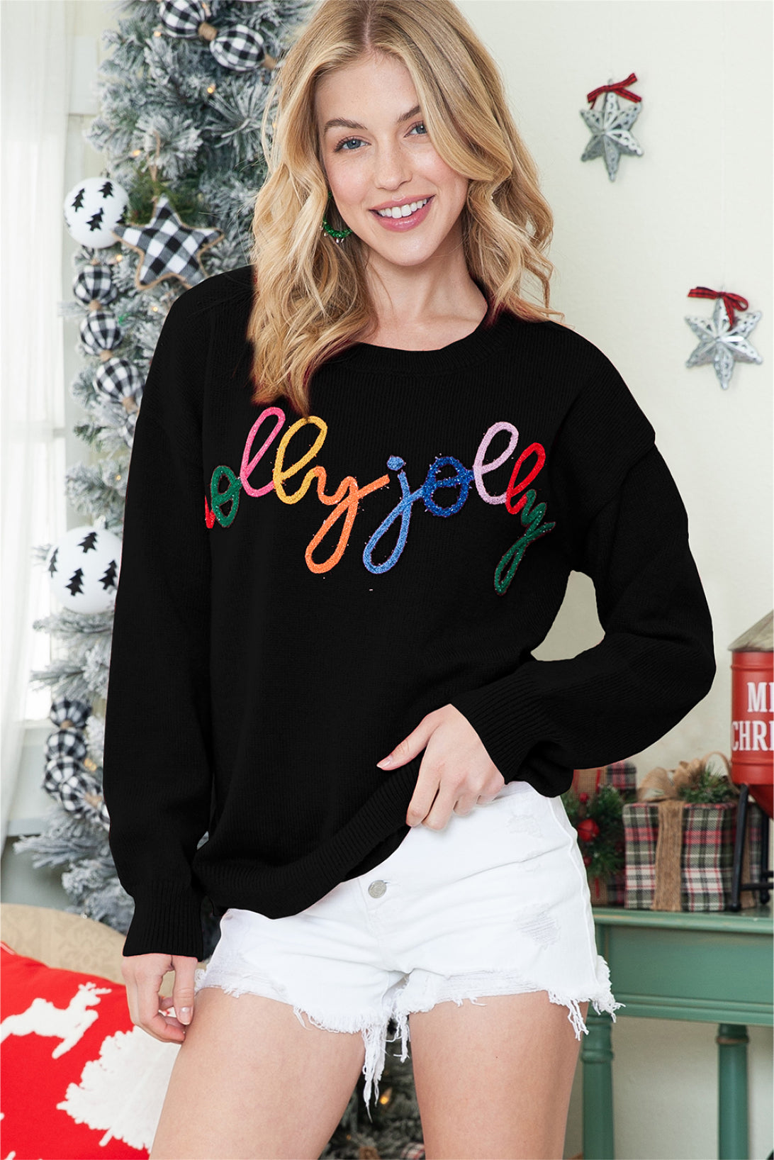 White Glitter Merry & Bright Round Neck Knit Sweater