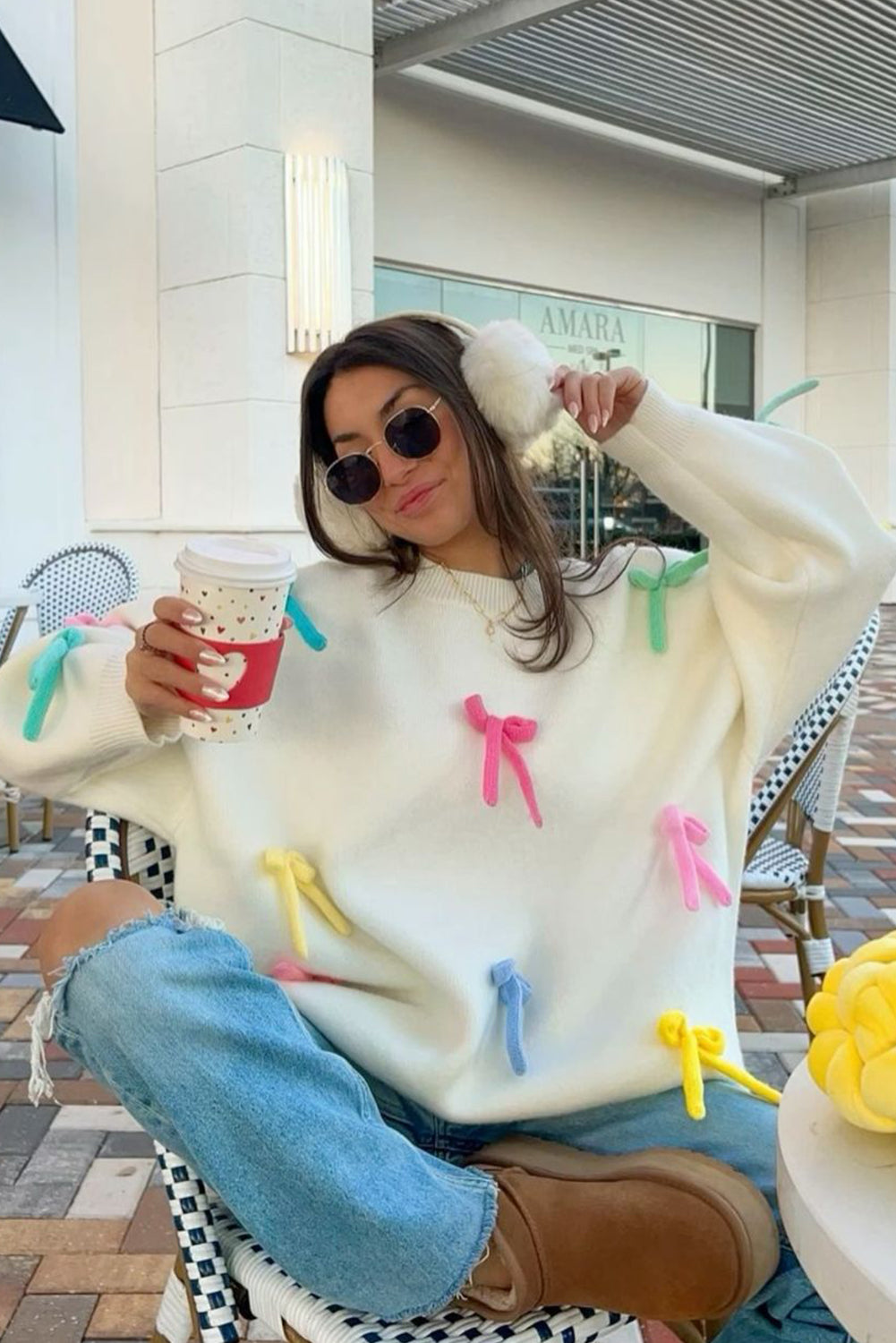 Beige Colorful Bowknot Crewneck Knit Sweater