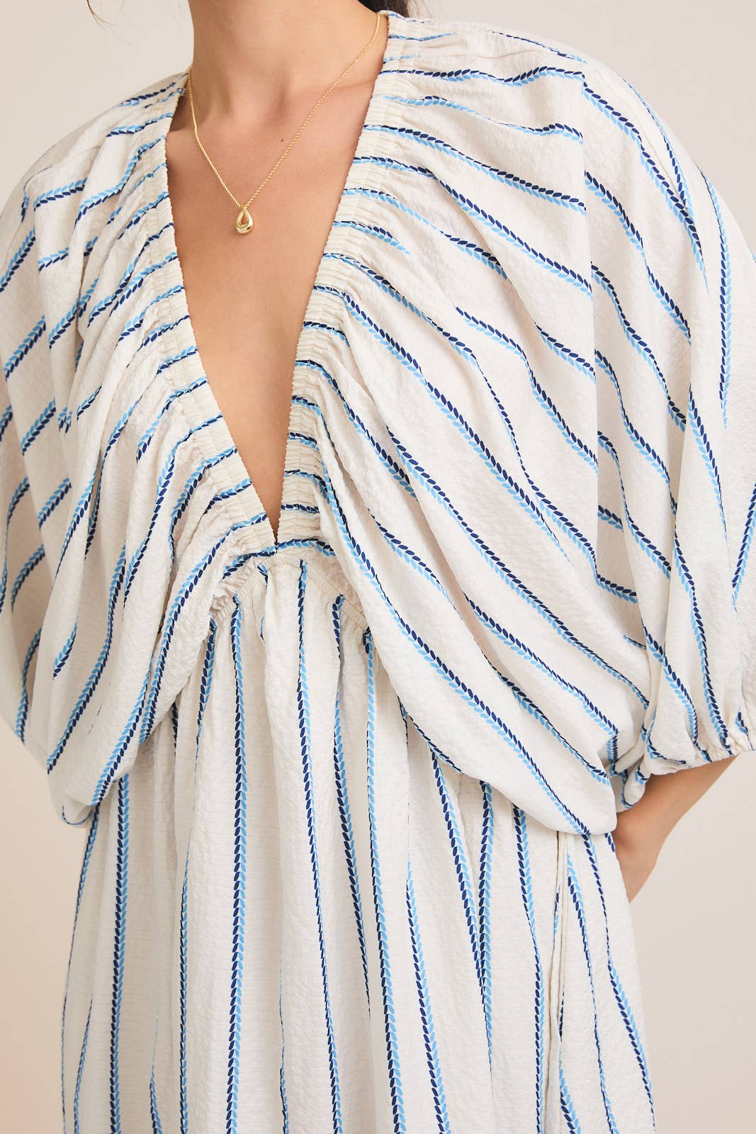 V-NECK BALOON 3/4' SLEEVE STRIPE DRESS