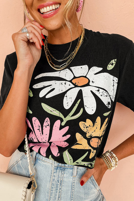 Black Casual Retro Floral Graphic Crew Neck T Shirt