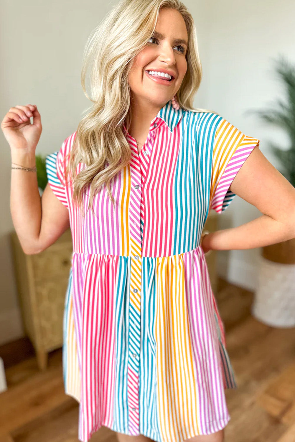 Multicolour Striped Patchwork Hidden Pocket Short Sleeve Mini Dress